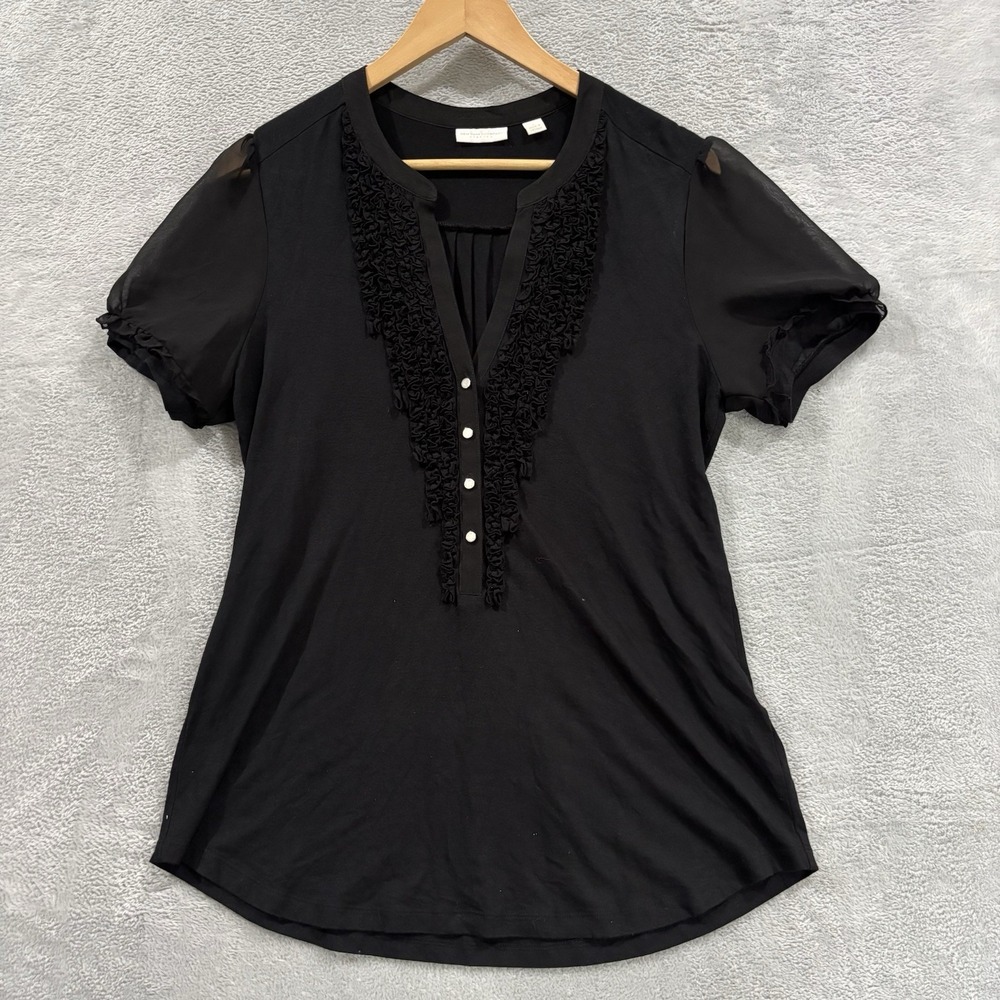 New York & Company Women's Large V Neck Button Embroidered Short Sleeve Black